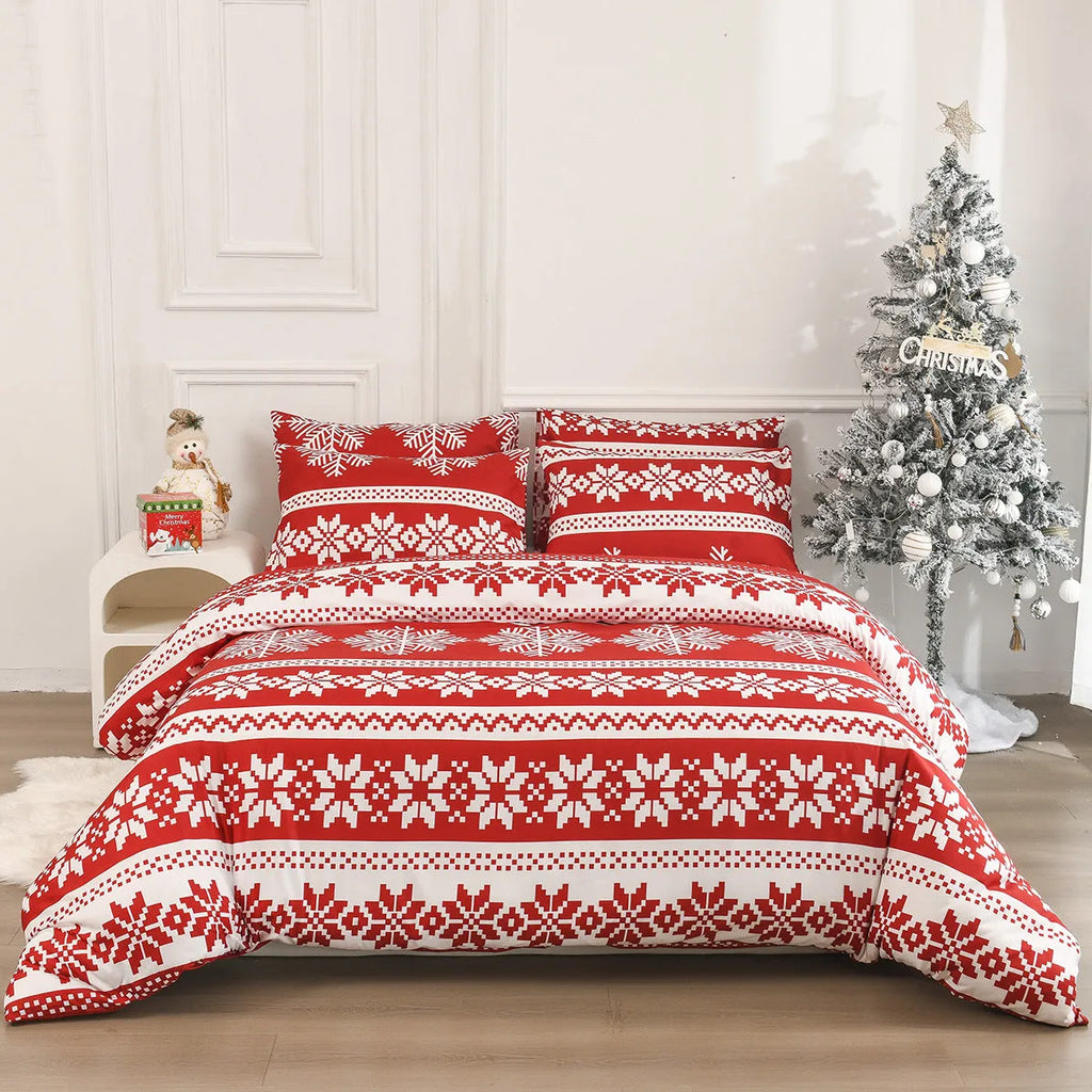 Red Christmas pattern bedding three-piece set with quilt cover and pillowcases on bed