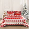 Red Christmas pattern bedding three-piece set with quilt cover and pillowcases on bed