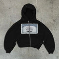 Unisex loose fit hooded zipper jacket with chest letter pattern in black colour