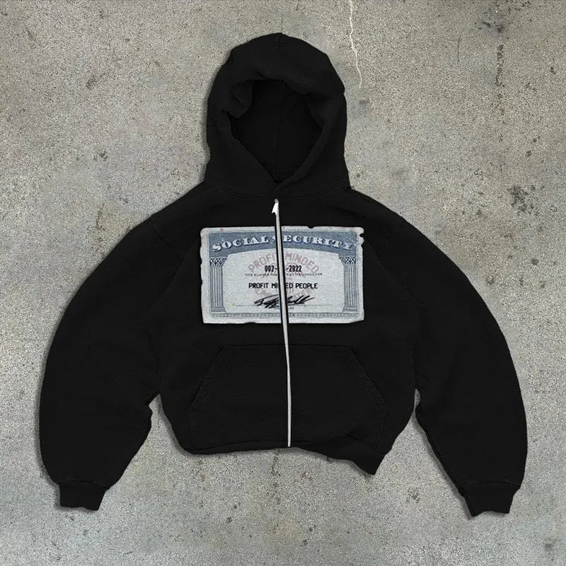 Unisex loose fit hooded zipper jacket with chest letter pattern in black colour