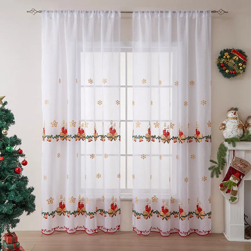 Pair of American Christmas curtains with white embroidered snowflake design on red polyester fabric, hung on a window.