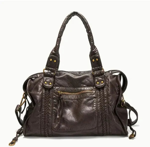 Women's retro motorcycle messenger shoulder bag in brown with woven detail accents and horizontal square shape