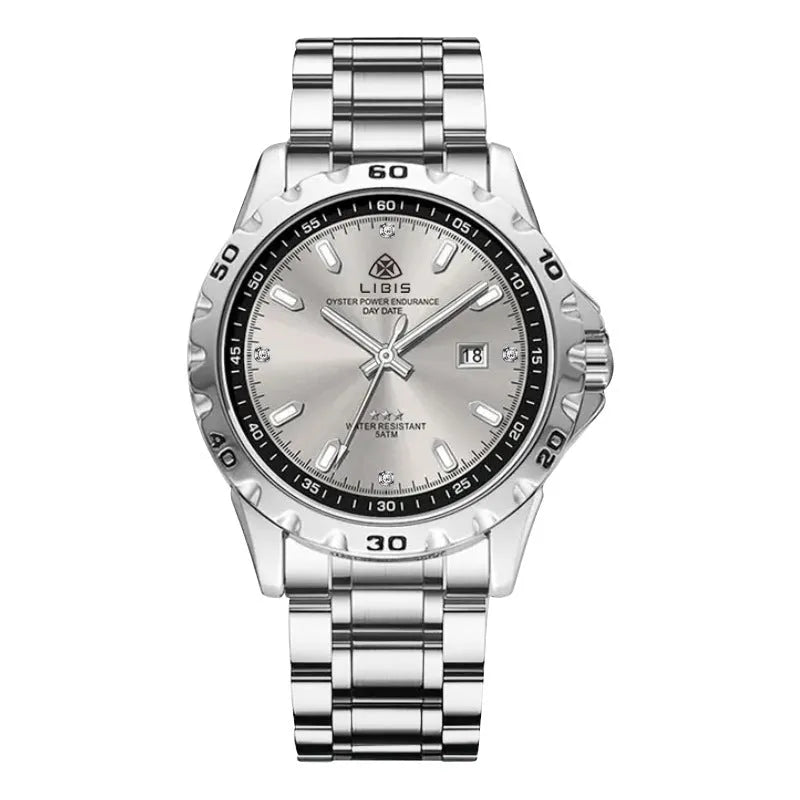 Men's silver quartz watch with luminous markers on black dial and stainless steel strap