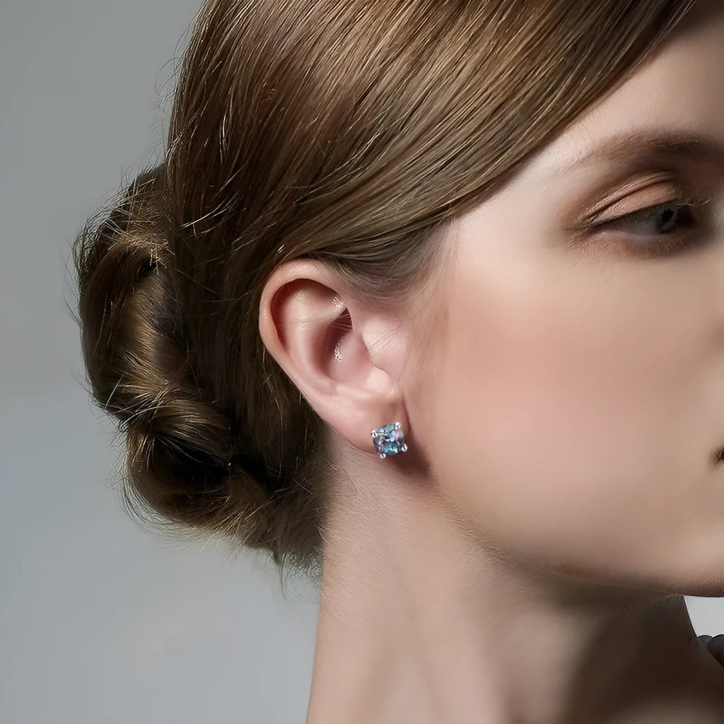 Women's silver ear studs with cultivated Alexandrite stone in geometric round design