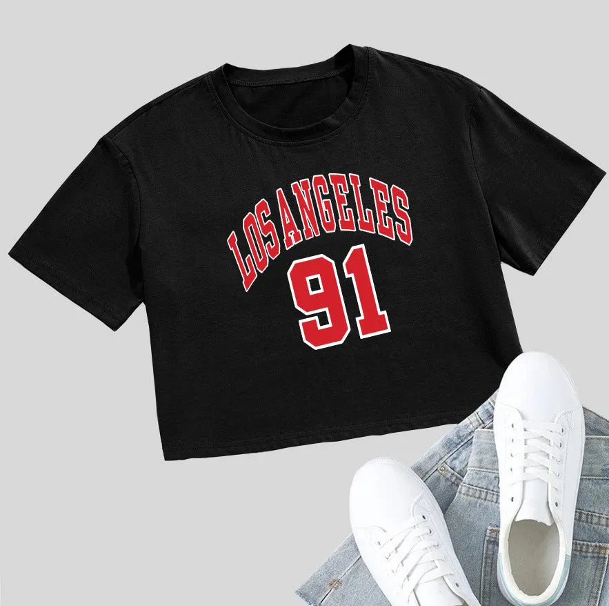 Women's personalised English letter cotton t-shirt with exposed navel design in black or white colours
