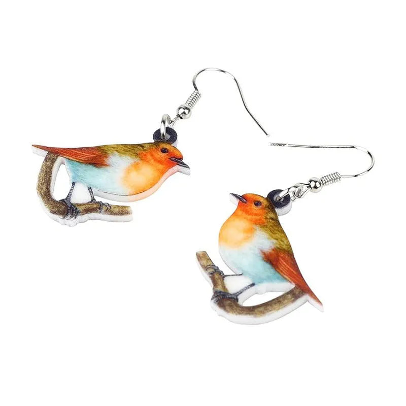 Blue titmouse design acrylic pendant earrings with geometric animal shape and snake decorative elements