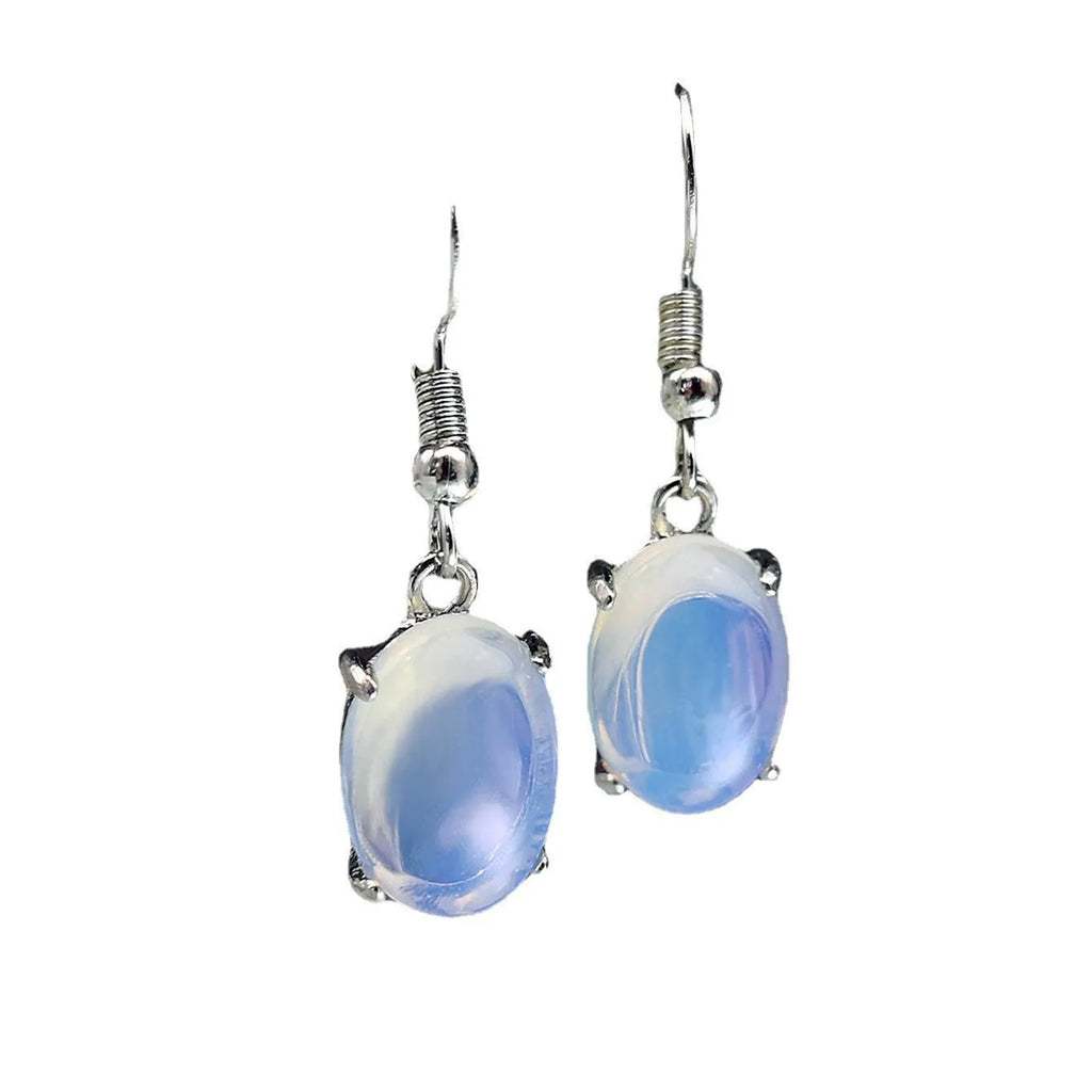 Moonlight white opal drop earrings with retro moonstone design and cross motif on alloy
