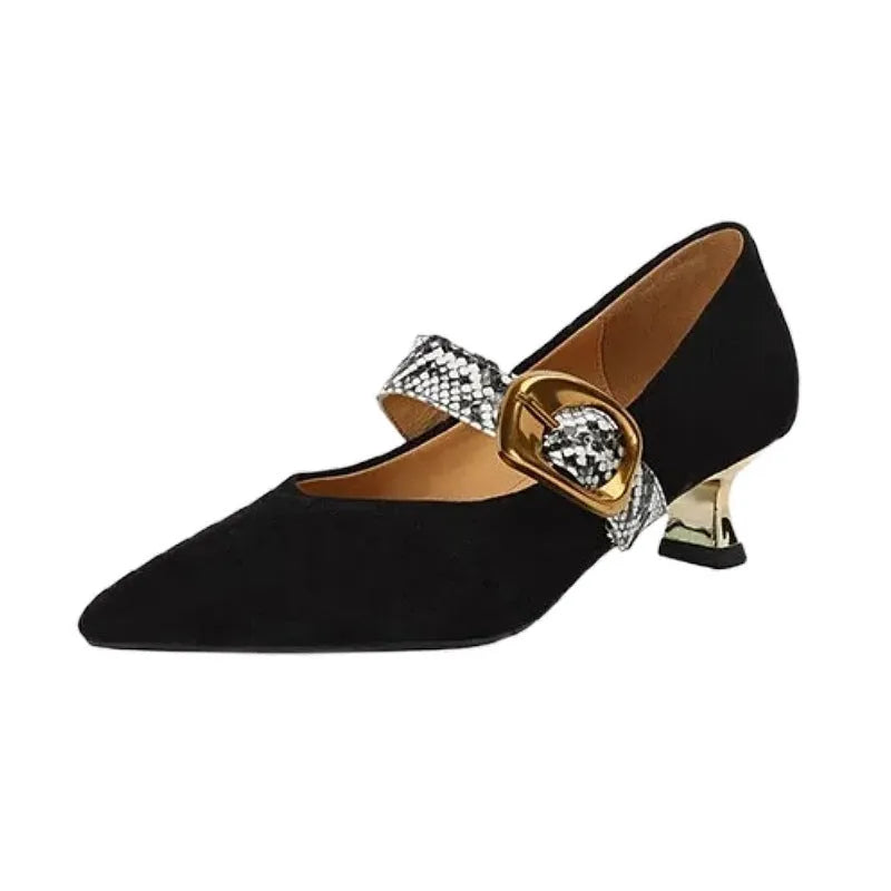 Women's black pointed stiletto heels with a buckle fastening on a matte upper.