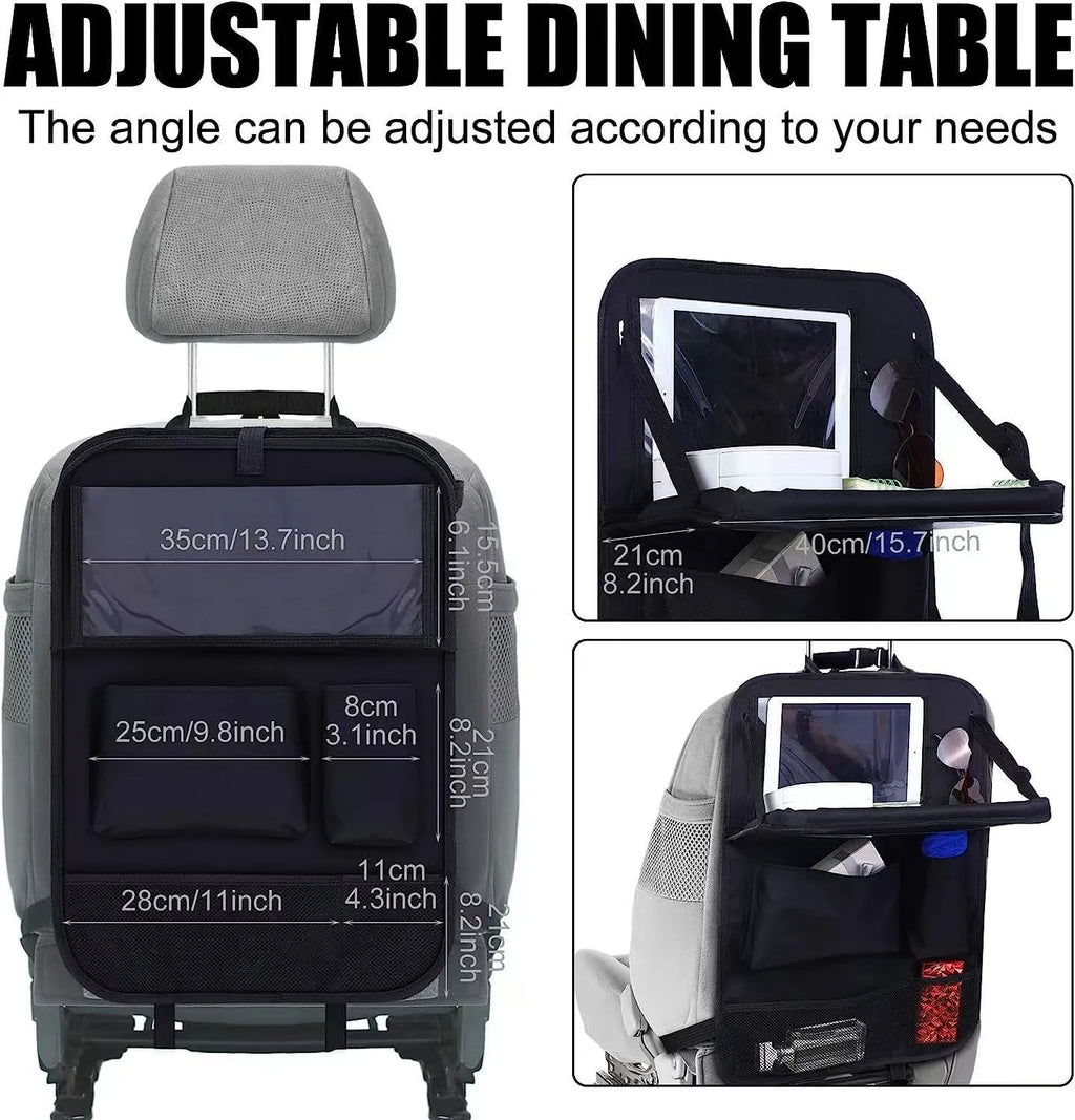 Black Oxford cloth buggy storage bag hanging from car seat back