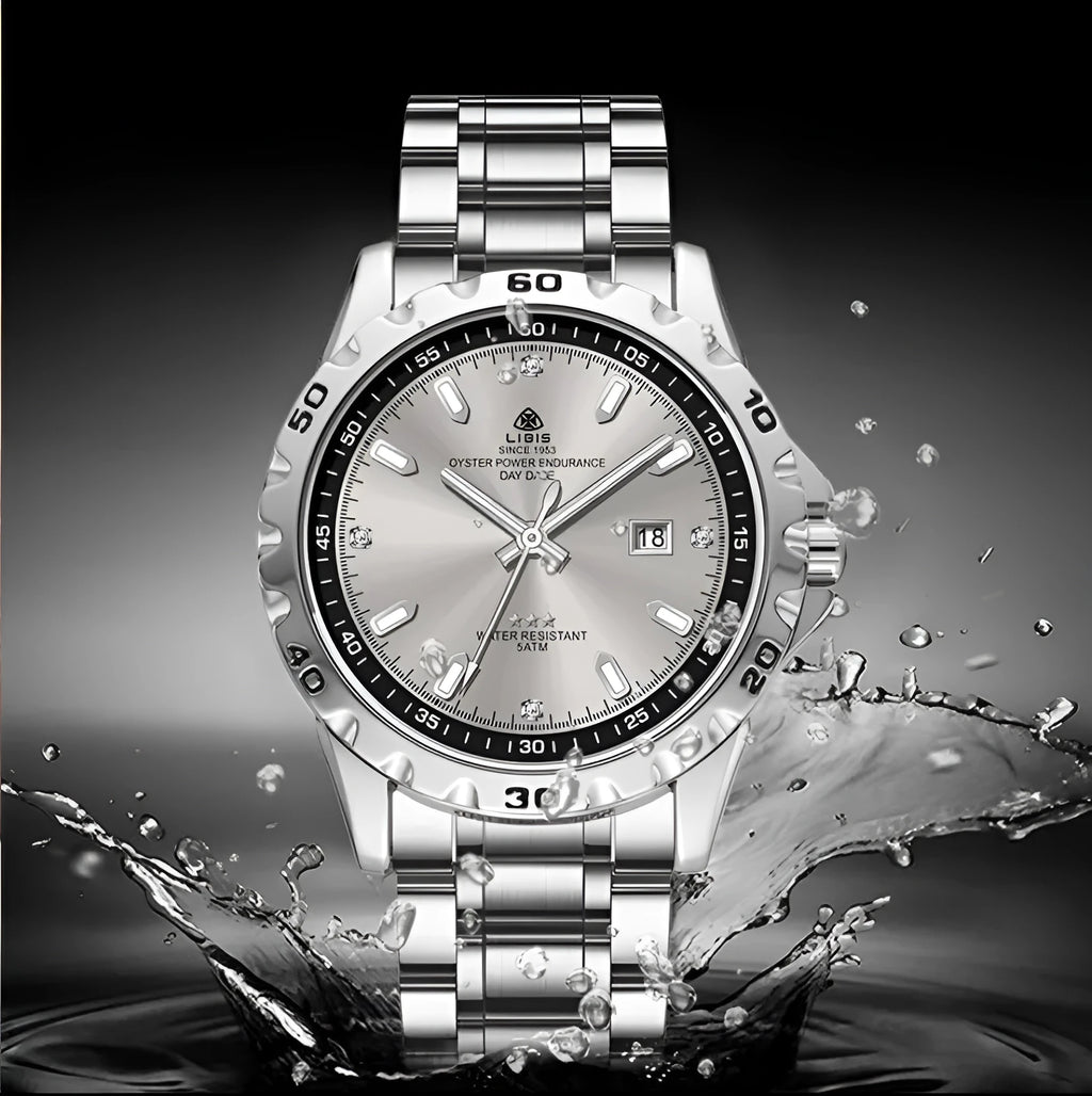Men's silver quartz watch with luminous markers on black dial and stainless steel strap