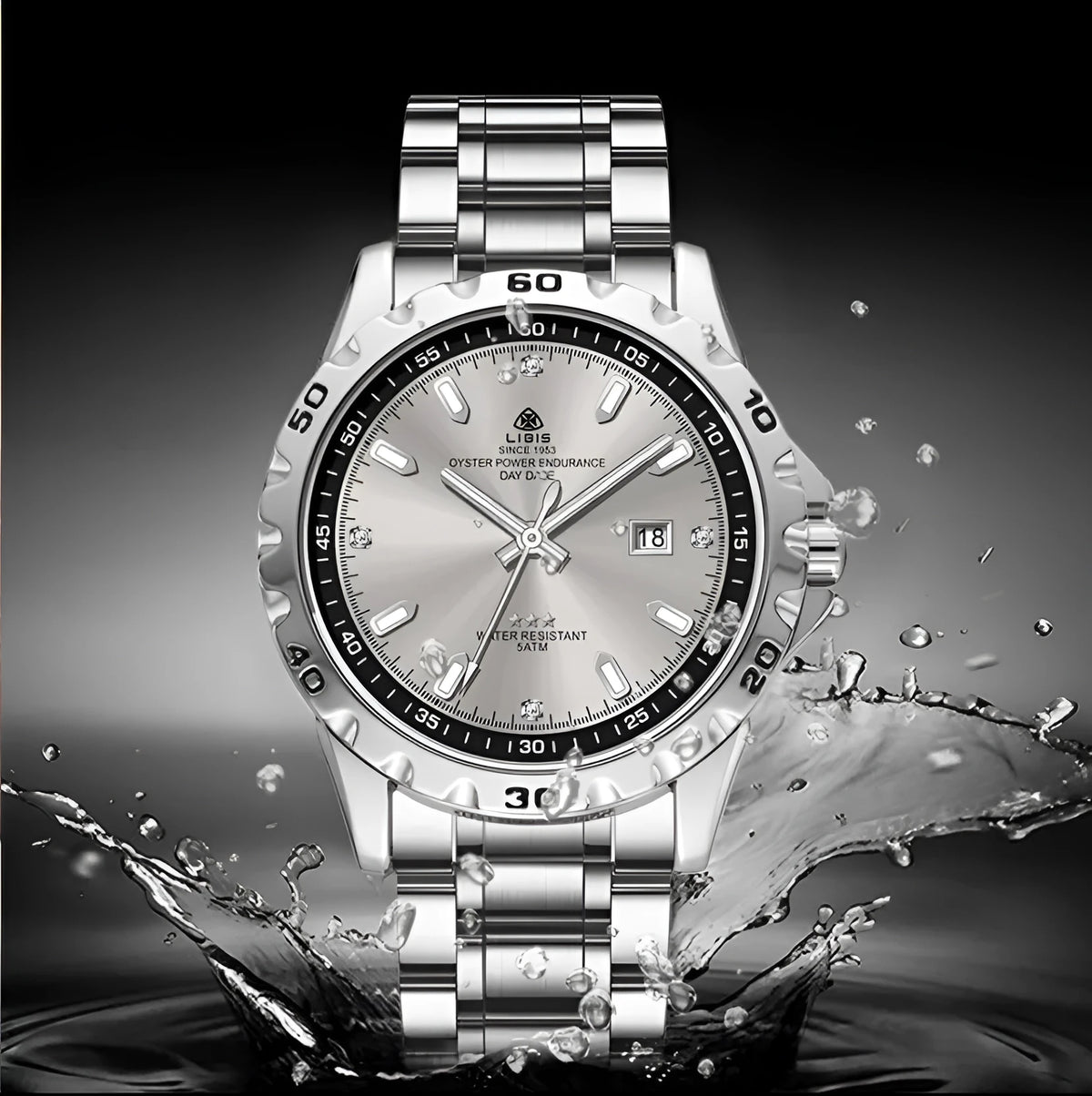 Men's silver quartz watch with luminous markers on black dial and stainless steel strap
