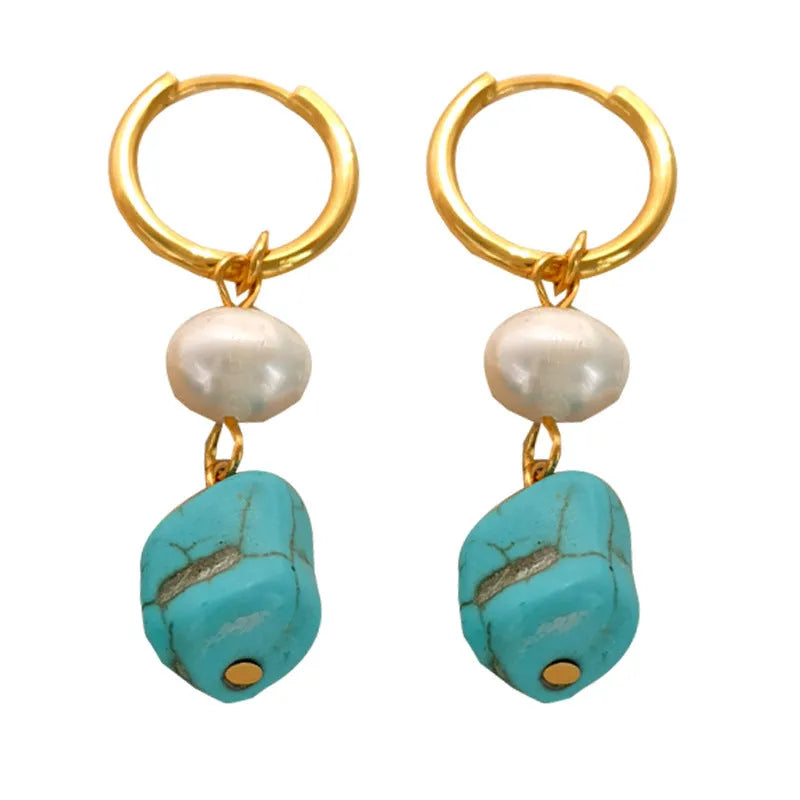 Turquoise and cultured pearl geometric ear clips with copper settings in short and dangle styles