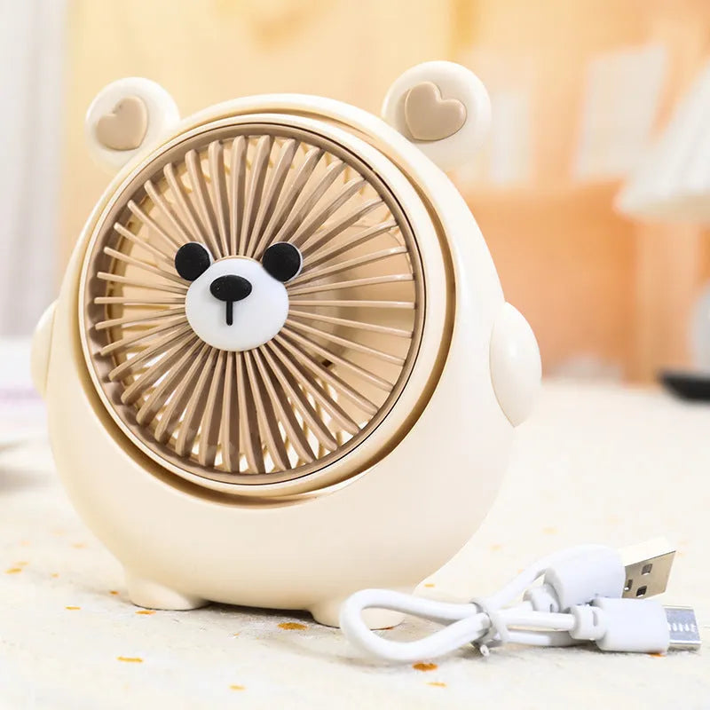 Desktop USB fan for dogs showing adjustable speed settings and colourful pet-themed designs
