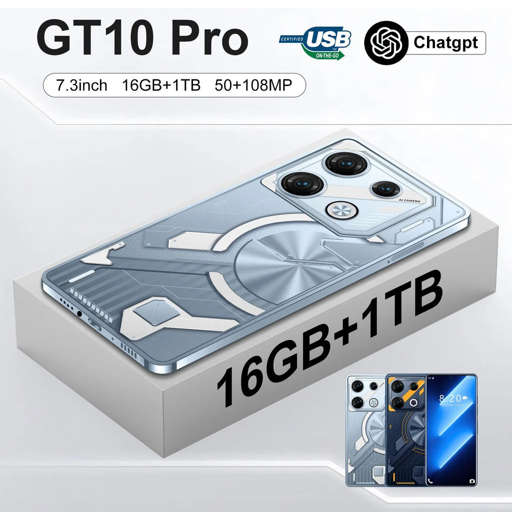 GT10 Pro Android mobile phone in Blue or Silver with 6.8-inch straight screen on a table.