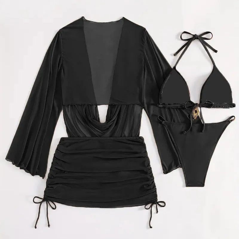 Women's dark brown lace-up backless bikini swimsuit set with spandex lining for swimming