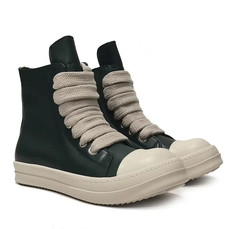 Black genuine leather high-top sneakers with a side zipper and round toe on a rubber platform sole.