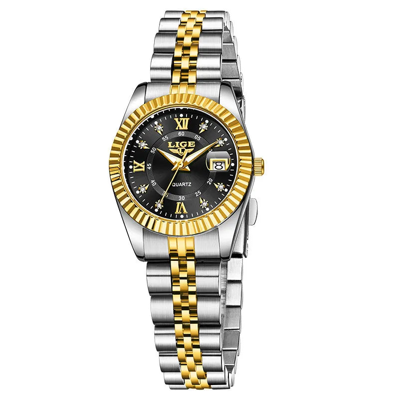 Waterproof leisure quartz watch in gold and silver colour options with 10mm case thickness.