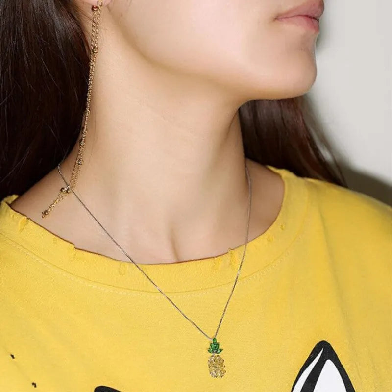 Korean fashion silver plated necklace with pineapple diamond pendant and geometric charm design on adjustable chain