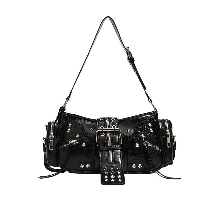 Black retro dumpling-shaped handbag with oil wax leather finish and three-dimensional pocket design