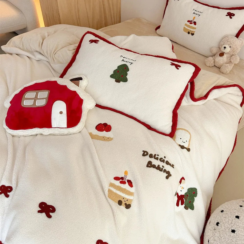 Winter Christmas cartoon bedding four-piece set with Xuefu Milk Pastry pattern on polyester fabric