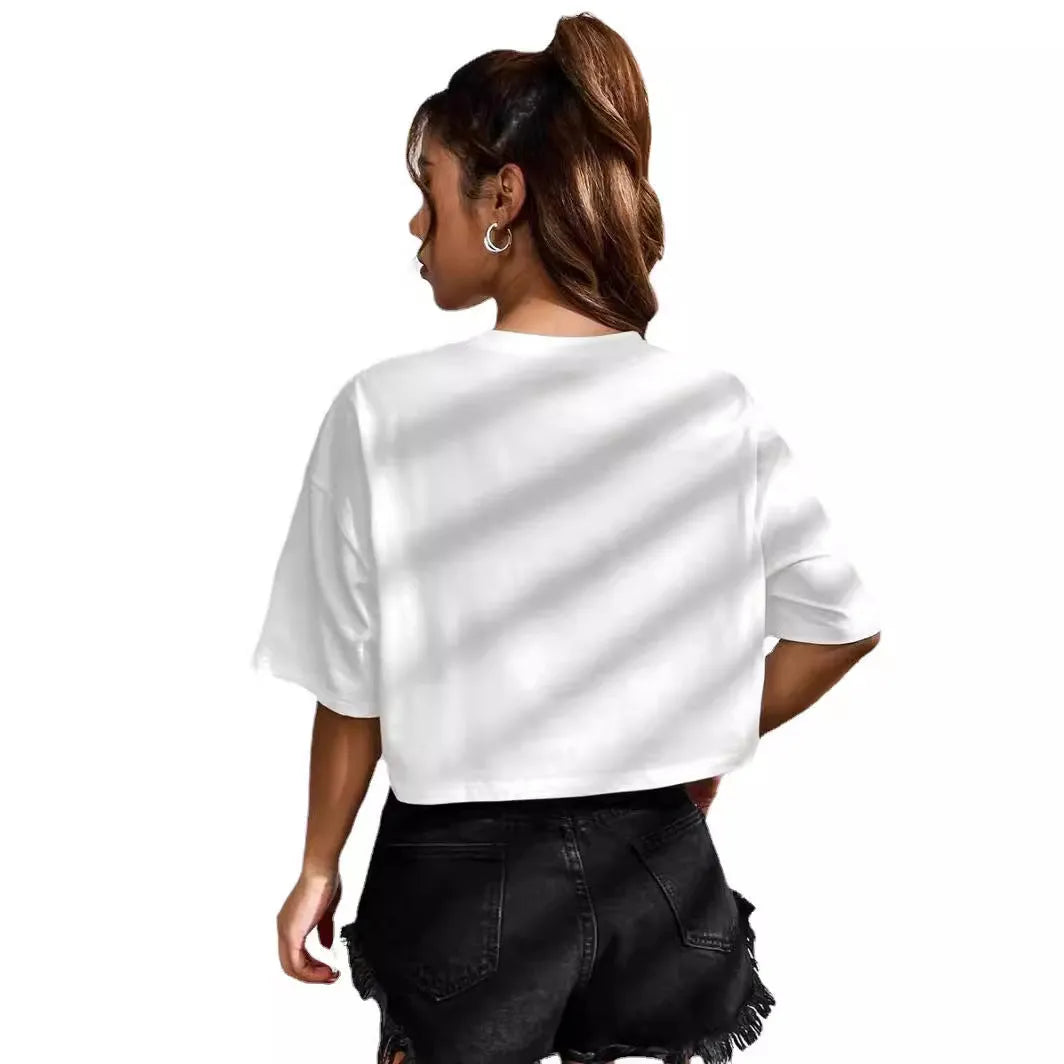 Women's personalised English letter cotton t-shirt with exposed navel design in black or white colours