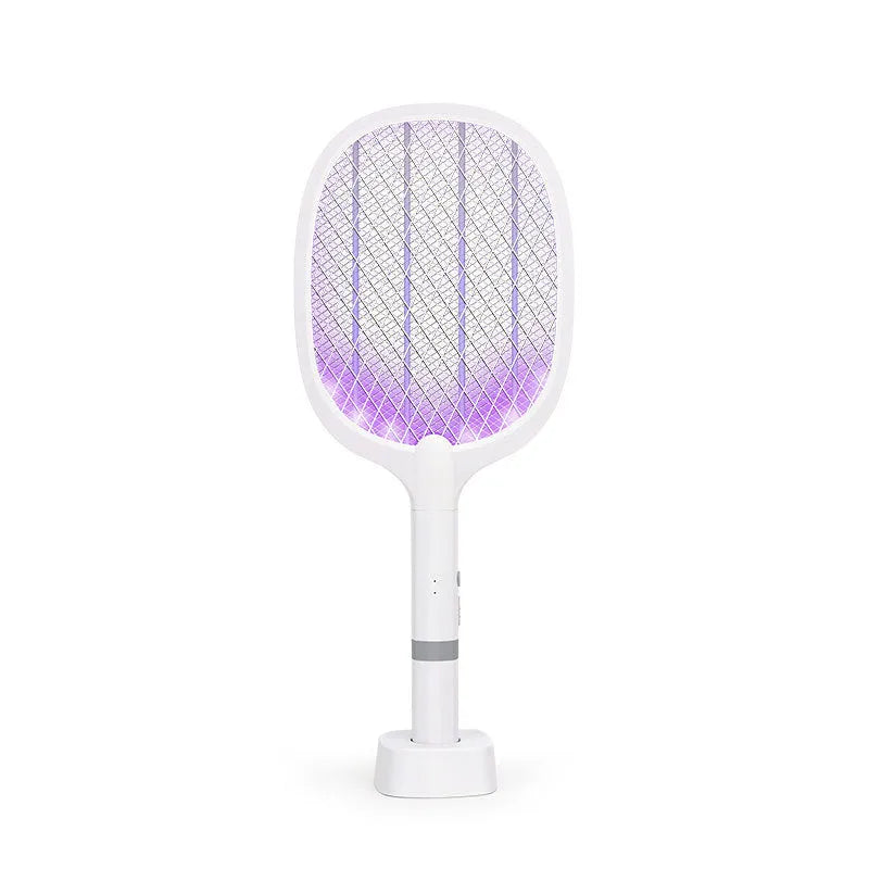 Yellow and blue rechargeable electric mosquito swatter with USB charging cable.