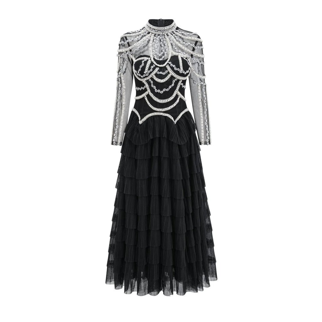 Women's long sleeve beaded dress in polyester with three-dimensional decoration and mid waist design