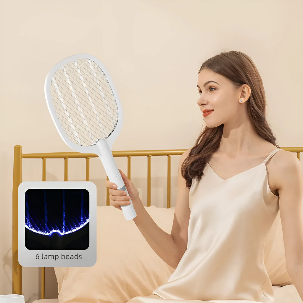 Yellow and blue rechargeable electric mosquito swatter with USB charging cable.