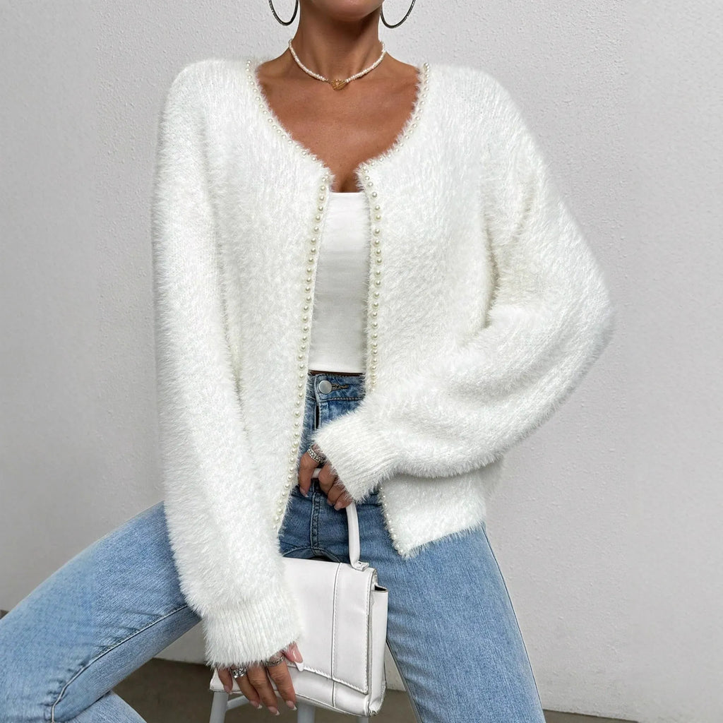 Women's white V-neck cardigan with bead detailing on polyester knit fabric