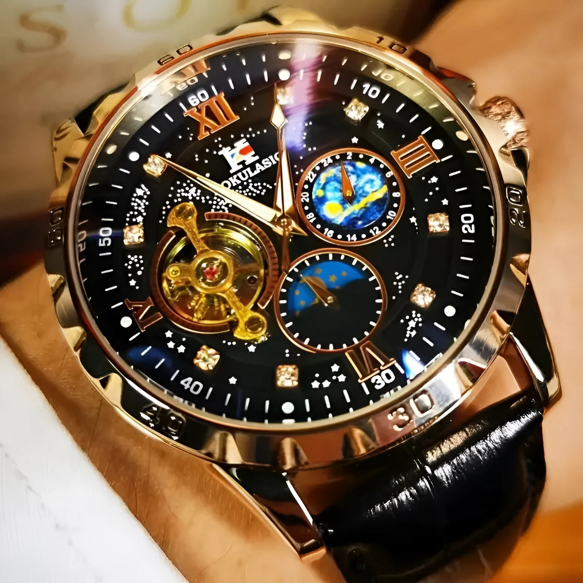Men's automatic mechanical watch with large hollow dial and rose gold black casing