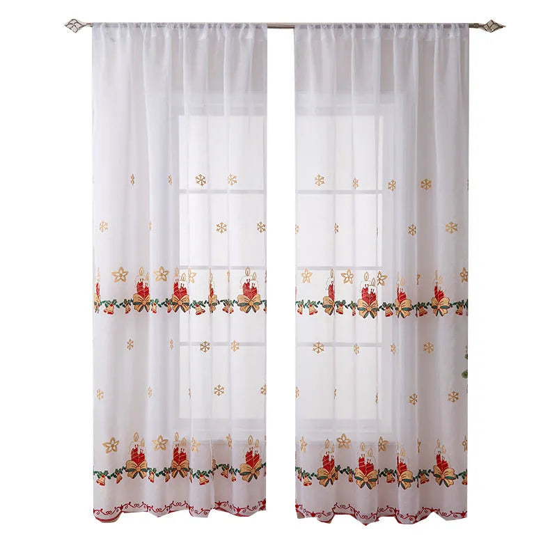 Pair of American Christmas curtains with white embroidered snowflake design on red polyester fabric, hung on a window.