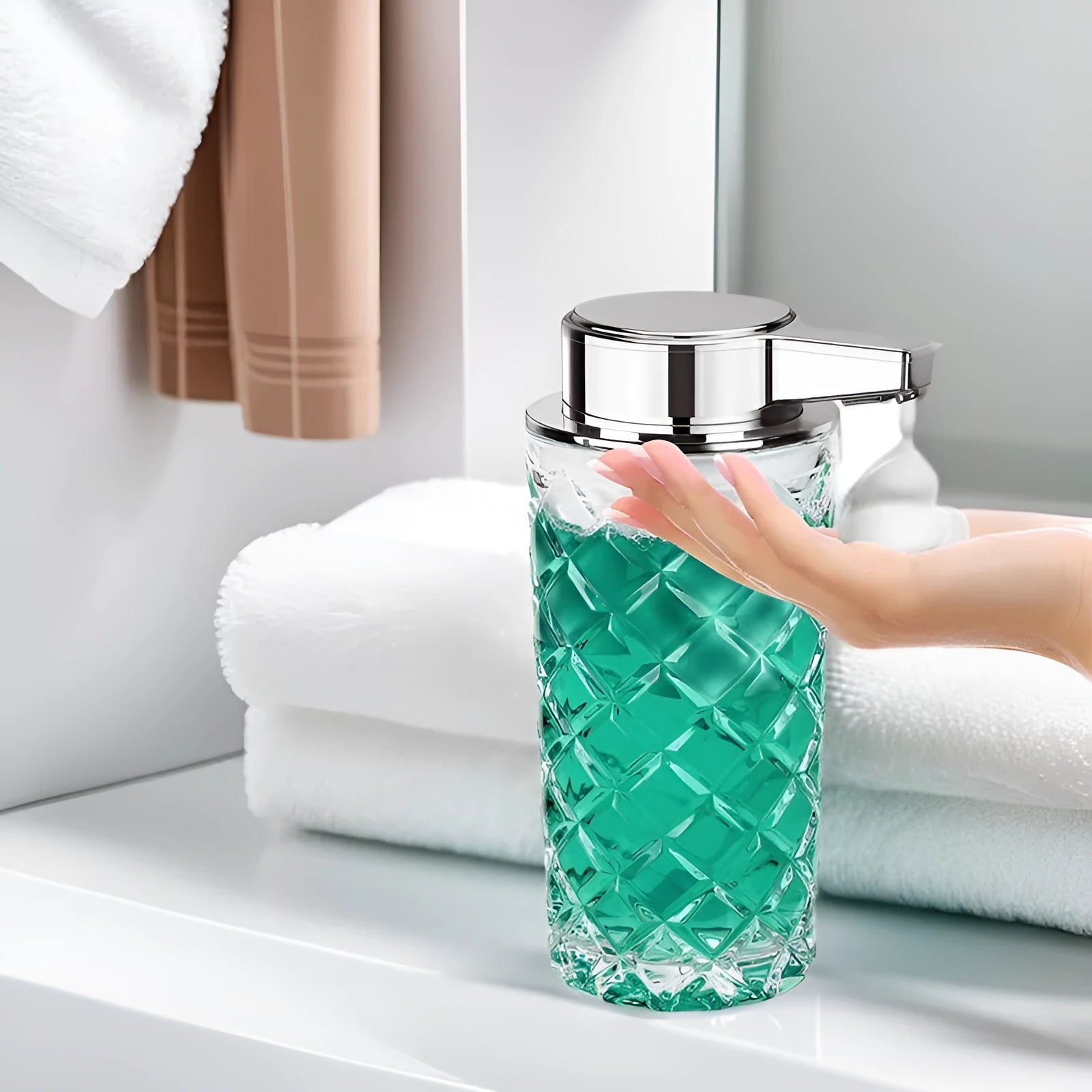 Automatic sensing soap dispenser with silver-plated PET shell and USB-C charging port.