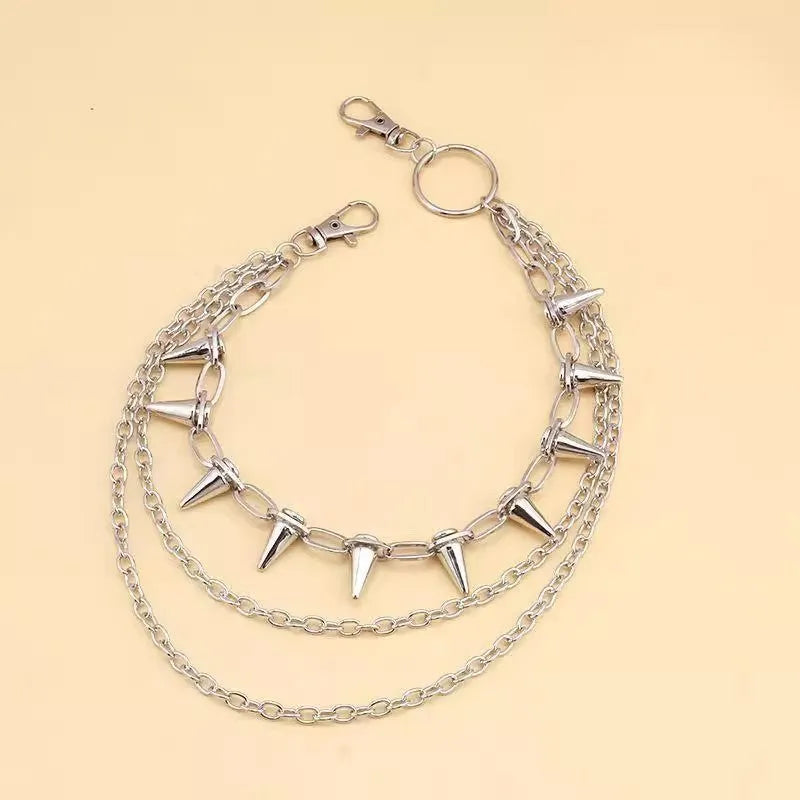 Silver metal punk pants chain with double layer and rivet details, 115cm long