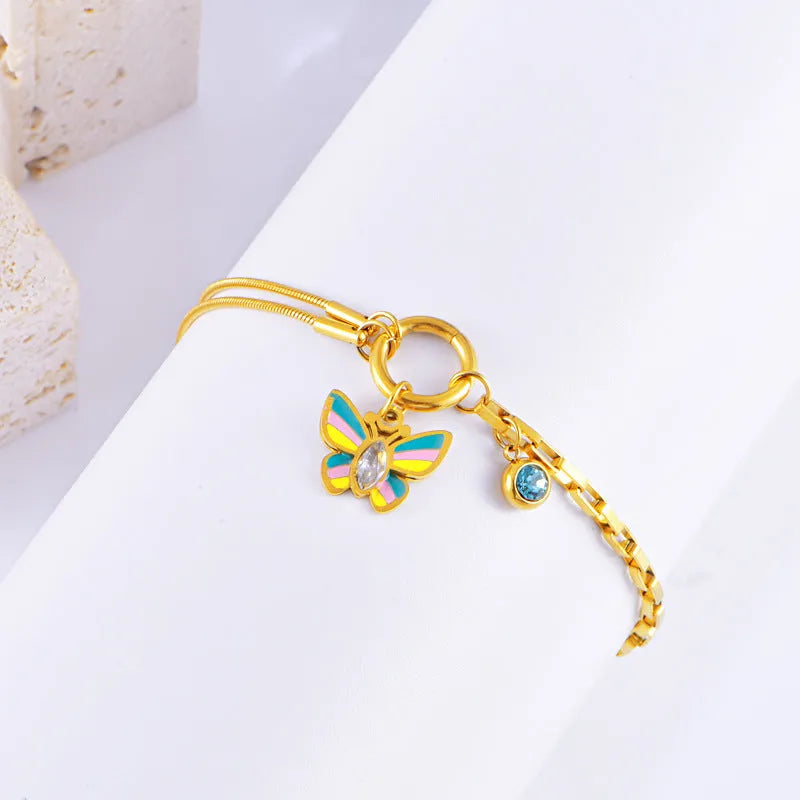 Gold epoxy butterfly necklace and bracelet set with titanium steel snake bones chain