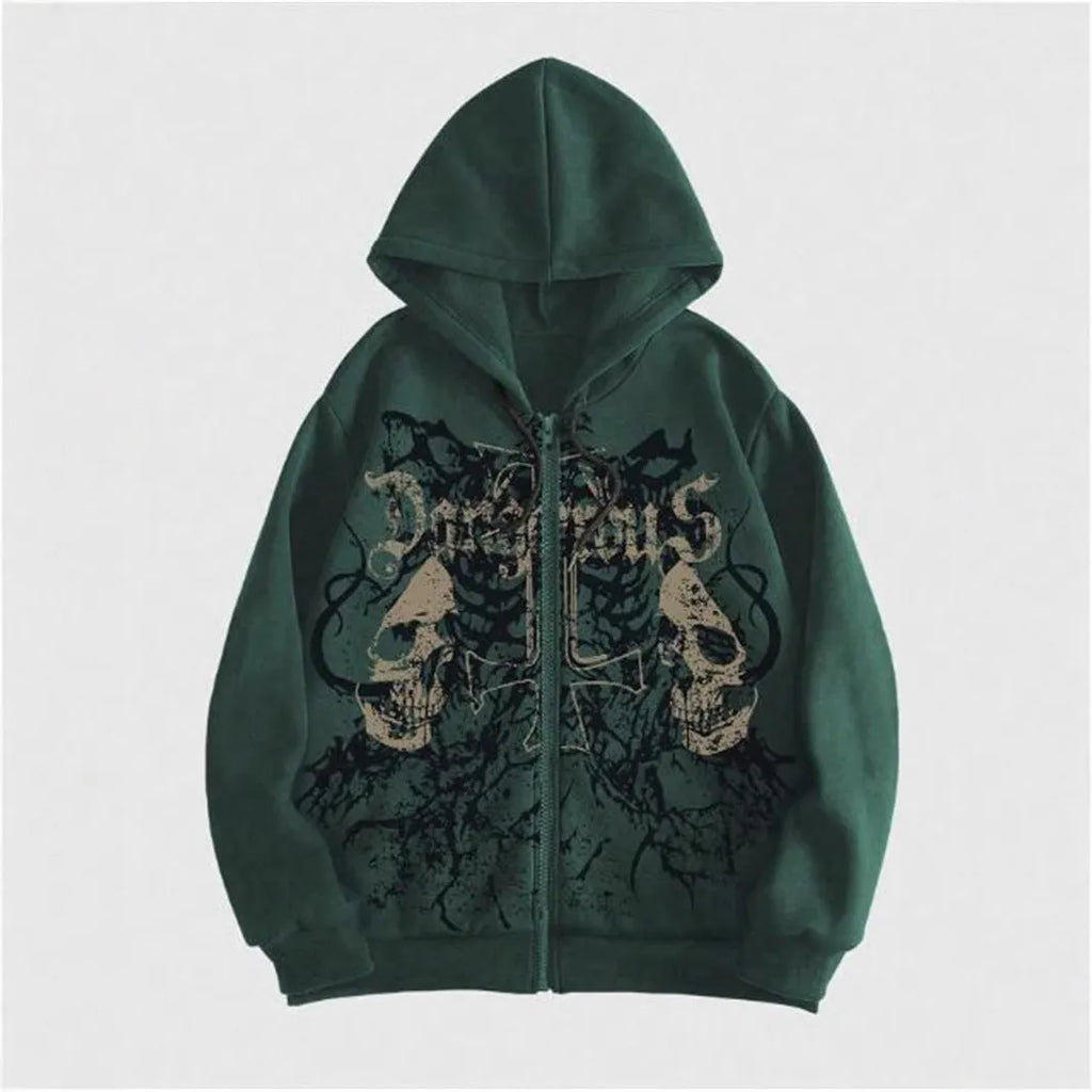 Black hooded men's sweatshirt featuring a detailed skull hot stamp print on the front.