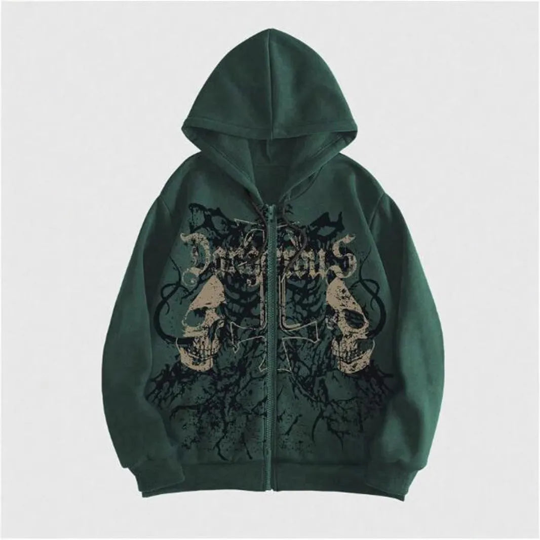 Black hooded men's sweatshirt featuring a detailed skull hot stamp print on the front.