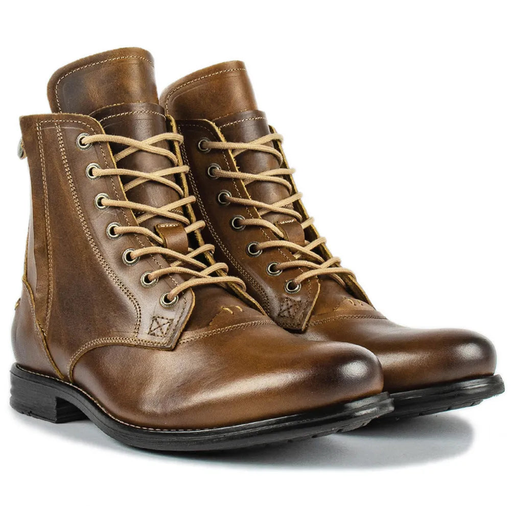 Knight Series men's two-tone leather ankle boots with side zipper, shown in black and brown.