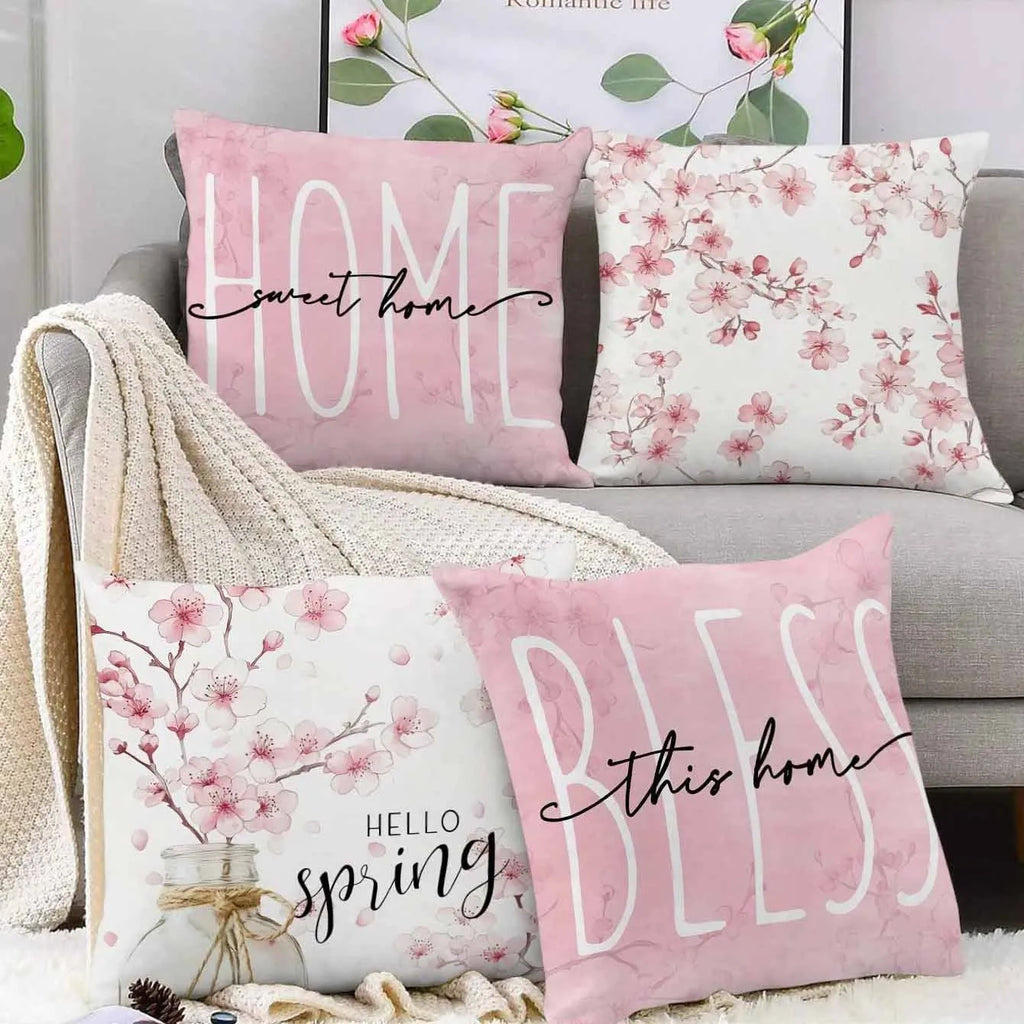 Square short velvet cushion cover with cherry blossom and letter pattern in spring colours