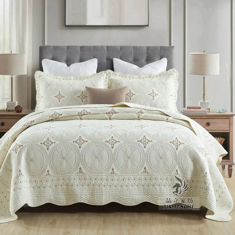 European-style embroidered cotton bed cover set with two pillowcases for 1.8m beds