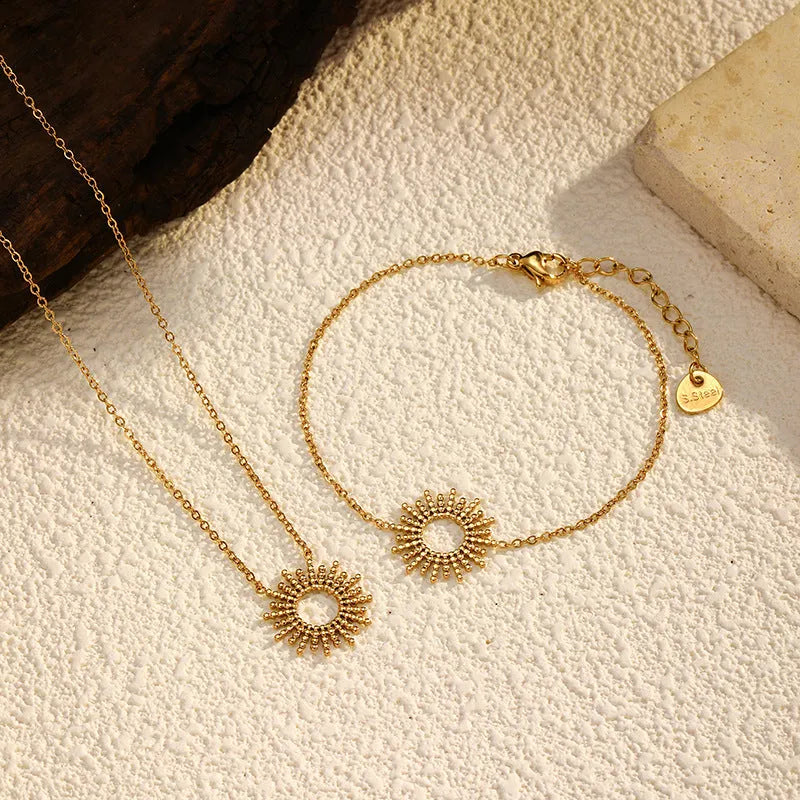 Sunflower Series yellow gold 14K plated stainless steel necklace and bracelet set with geometric chain design