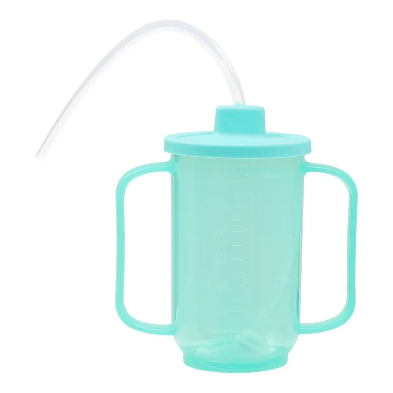 Oblique angled choke-proof drinking cup for elderly bed care with handle and optional wrist splint