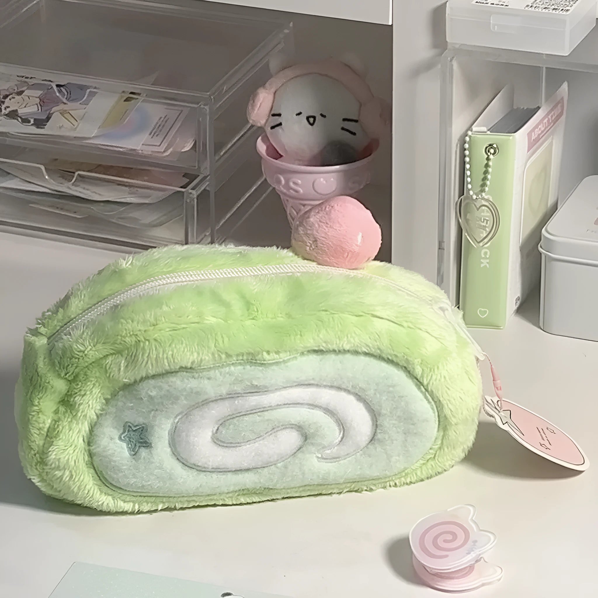 Honeydew Swiss roll cake design velvet pencil case with Korean style aesthetic