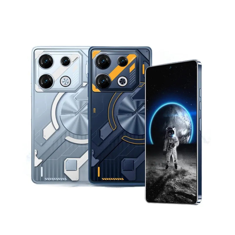 GT10 Pro Android mobile phone in Blue or Silver with 6.8-inch straight screen on a table.