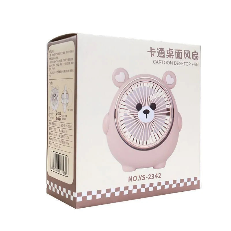 Desktop USB fan for dogs showing adjustable speed settings and colourful pet-themed designs