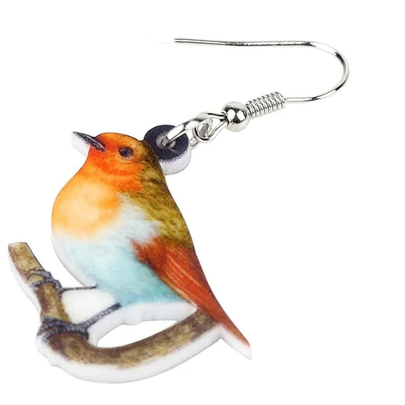 Blue titmouse design acrylic pendant earrings with geometric animal shape and snake decorative elements