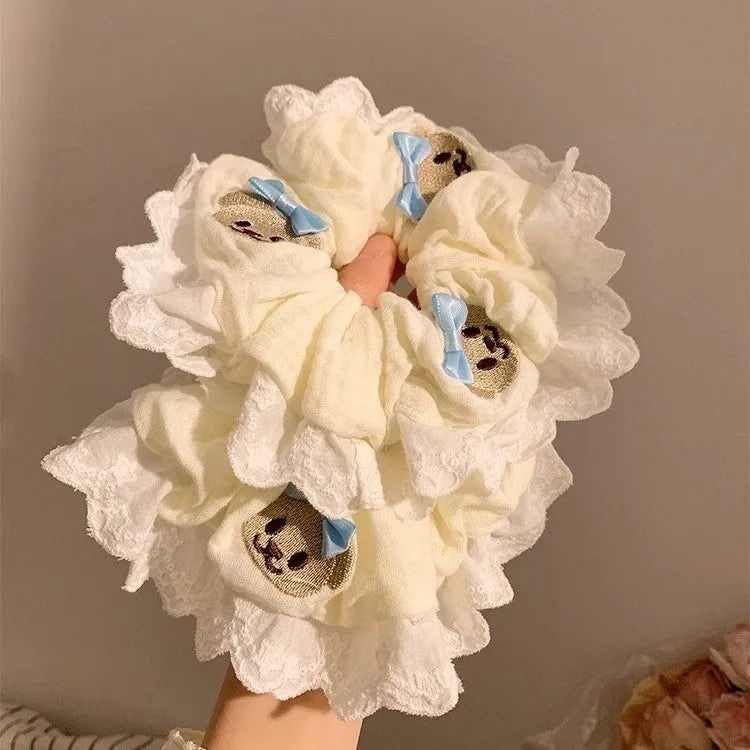 Bear blue bow cloth hair ring in large intestine style with elastic properties