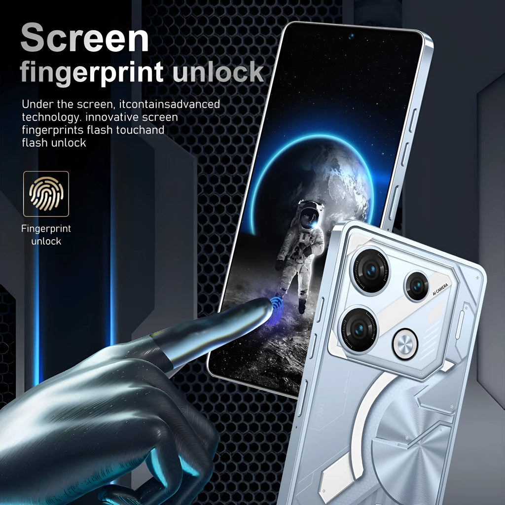 GT10 Pro Android mobile phone in Blue or Silver with 6.8-inch straight screen on a table.