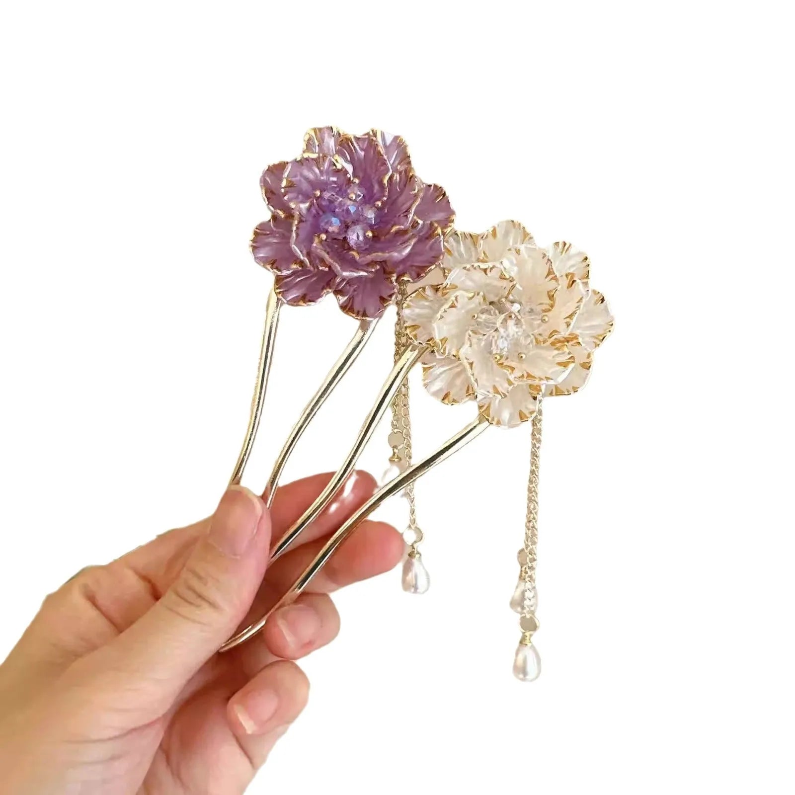 Purple and white retro peony flower U-shaped hairpin with tassel detail