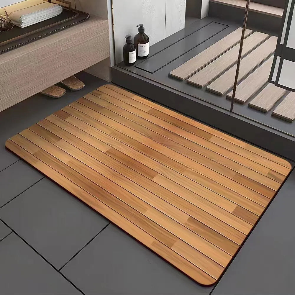 Square diatom ooze floor mat with wood grain pattern for bathroom use