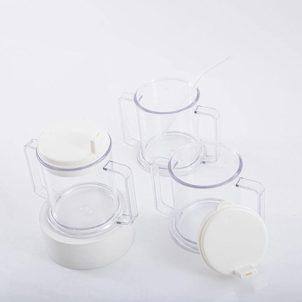 Transparent plastic drinking cup with spill-proof design showing 301-400ml capacity